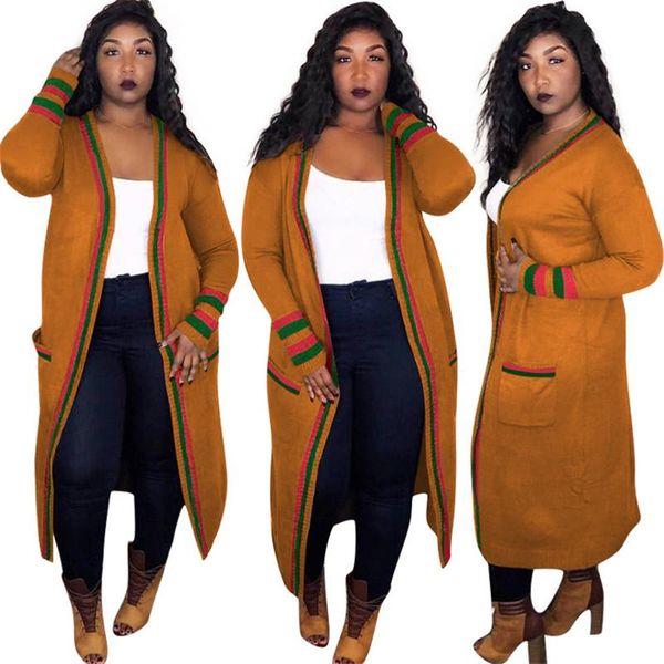

loose red green stripe long womens outerwear ribbon plus size spring ladies designer cardigan coats female clothing, Black