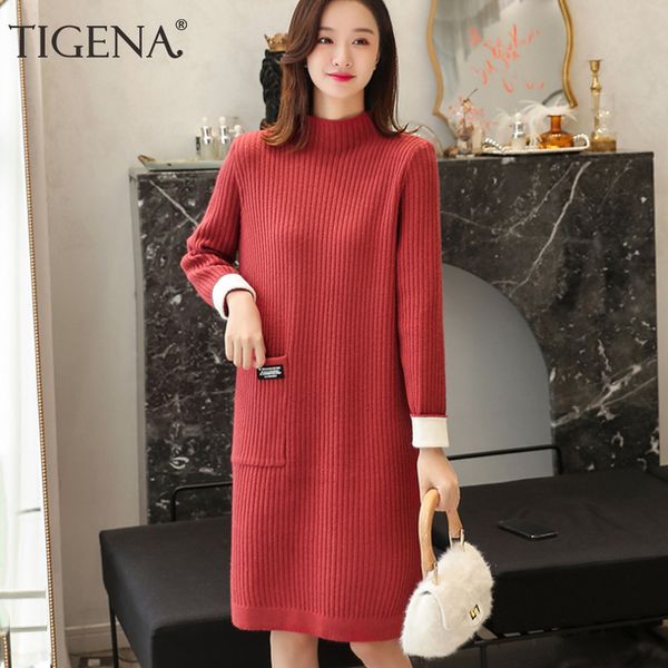 

tigena вязать длинный свитер платье женщин 2019 осень-зима корейский тонкий водолазка пуловер свитер с длинным рукавом женские jumper женщин, White;black