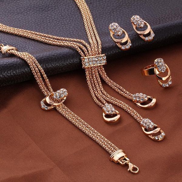 

fashion jewelry sets necklace bracelet ring earrings set rhinestone alloy charm jewelry for women wedding bridal necklace, Silver