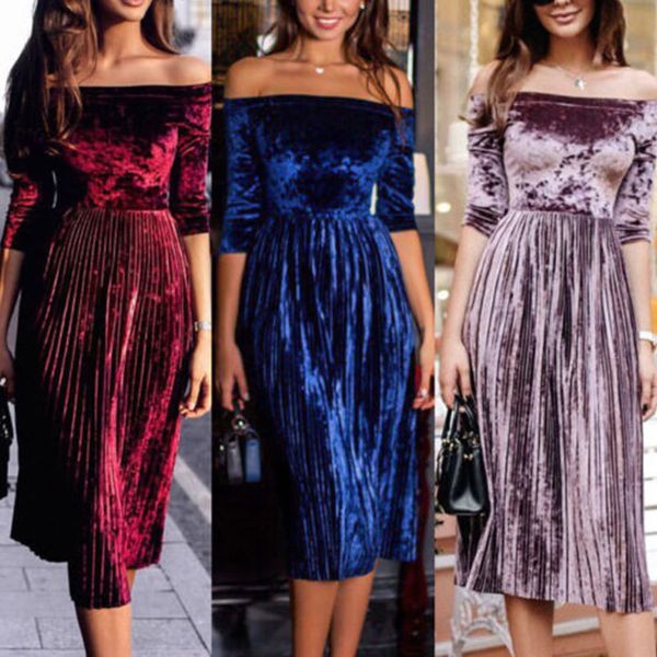 

women's velvet dresses off-shoulder casual mid sleeve evening party long dresses women's clothes, Black;gray
