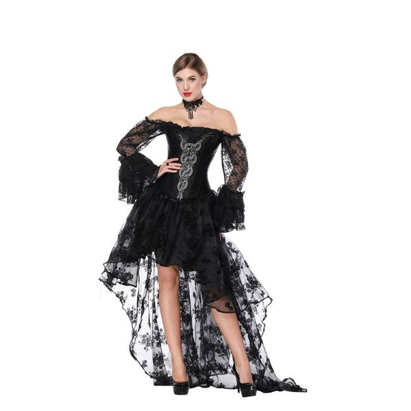 

women floral lace mesh flare bell sleeve overbust corset and a hi-lo long skir s-xxl halloween burlesque corset dress 2pcs set party outfit, Black;white