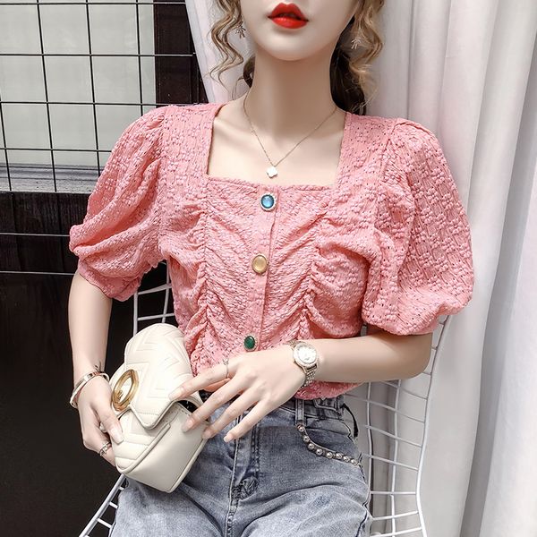 

2020 summer new fashion french square collar short-sleeved t-shirt shirt puff sleeve loose chiffon shirt female fashion, White