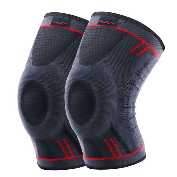 

compression knee sleeve support sports spring brace silicone pads basketball kneepad patella knee socks protector, Black;gray