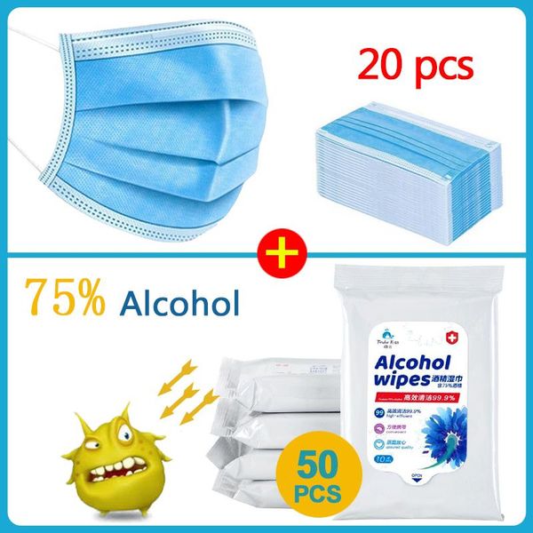 

50pcs box disinfectant wipes alcohol wipes alcohol /3-layer mask 20pcs face mouth masks first aid cleaning tissue