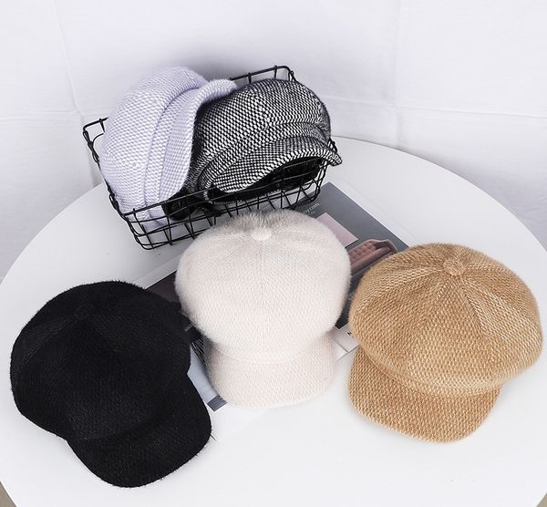 

korean version of the hat lady autumn winter octagonal hat plush thermal solid color beret outdoor street lovely wind painter hat, Blue;gray