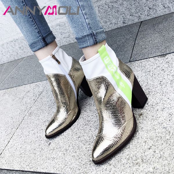 

annymoli fall ankle boots women snake print thick heels short boots mixed colors extreme high heel shoes ladies gold size 34-39, Black
