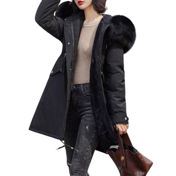 

warm winter women jacket 2019 fashion down coat cotton hooded fur collar female korean solid plus size overcoat, Black