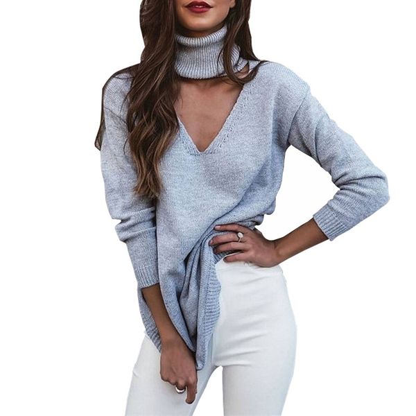 

winter casual solid women long sleeve folded choker v neck halter cut out knitted sweaters pullovers ladies slim jumper femme, White;black