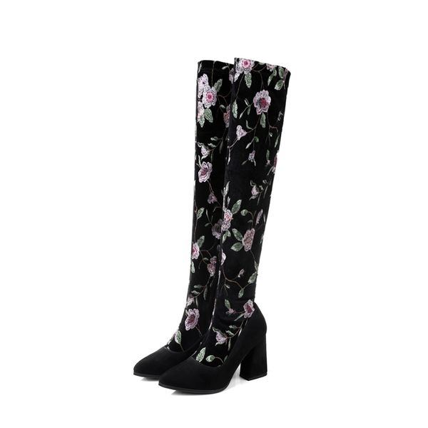 

fanyuan plus size 34-43 new fashion embroidery women boots thick high heels over the knee boots ladies thigh high long, Black