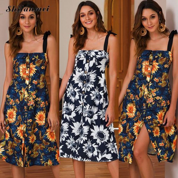 

sling bohemian off shoulder button floral beach dress women holiday beach party dress ladies vintage elegant sleeveless dresses, Blue;gray