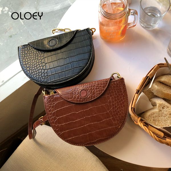 

vintage crocodile pattern saddle bag luxury handbags women bags chain females shoulder bags fashion pu leather messenger bag sac