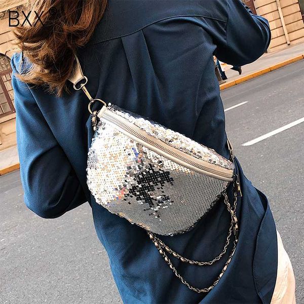 

bxx] pu leather sequins bags for women 2020 solid color crossbody bag female shoulder messenger waist chest bag hl409