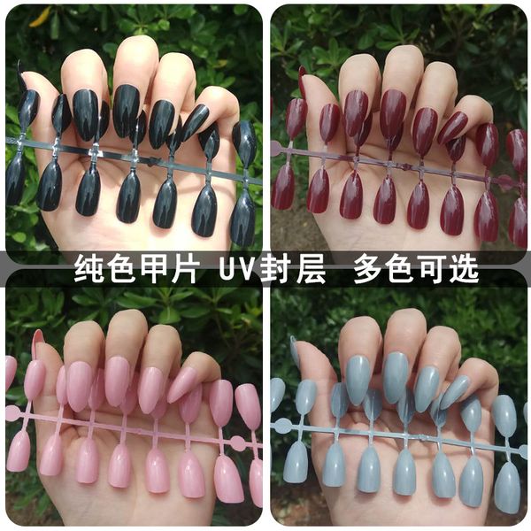 

24pcs medium long style pointed solid color fake nails selling finished strip shape boxed, Red;gold
