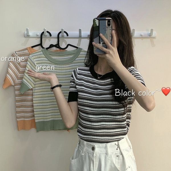 

female student female summer 2020 round collar slim versatile knitted coat color matching slim color stripes 18-24 weeks, White