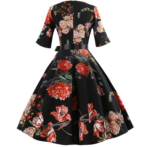 

floral print vintage dress women long sleeve elegant party dress autumn winter female casual a-line tunic plus size, Black;gray