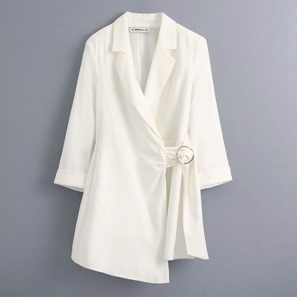 

new 2020 women high street solid color casual suit jumpsuit office ladies buckle decoration chic white rompers ds3609, Black;white