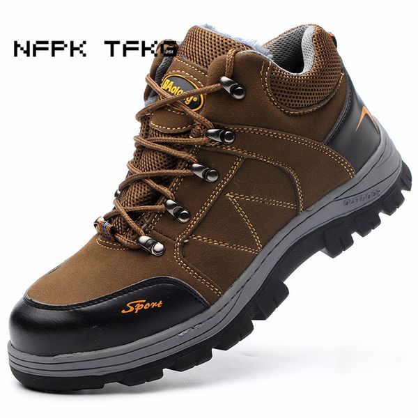 

british fashion mens large size winter warm plush steel toe caps work safety cotton shoes anti-pierce security snow ankle boots, Black