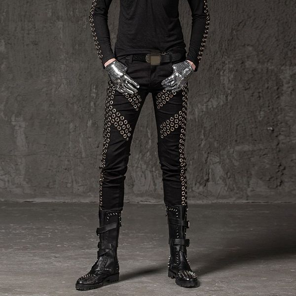 

2020 winter new casual men pencil trousers fashion solid rivet elastic pants punk style slim fit hip hop street dance pants, Black