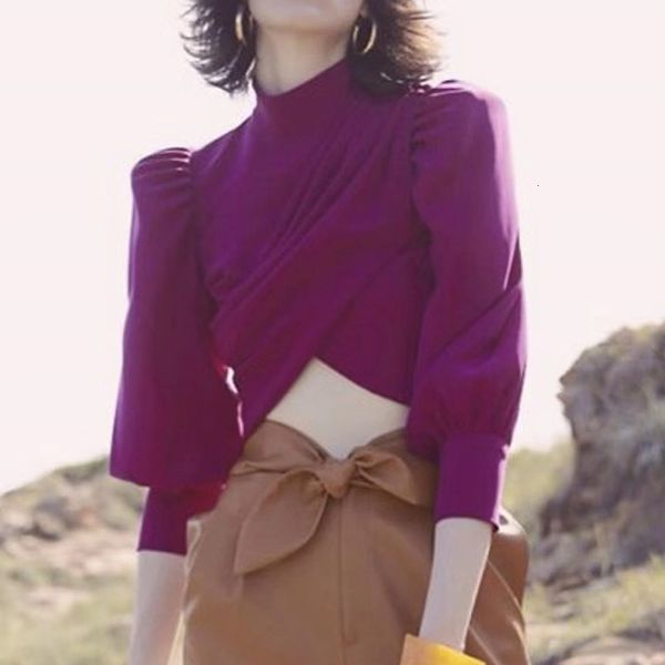 

2020 new fashion temperament stand-up collar bubble long sleeve personality cross shirts women, White