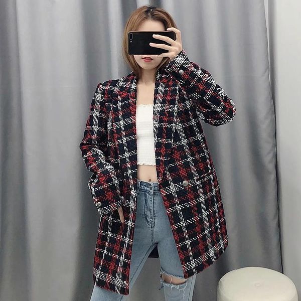 

women fashion tweed red plaid long jacket 2019 autumn-winter female long sleeve v-neck warm loose jackets outwear veste femme t200212, Black;brown