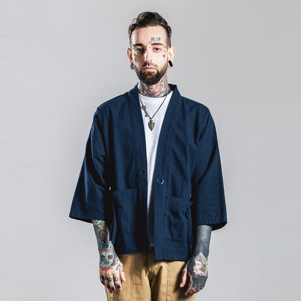 

casual japanese jacket men's robes kimono cardigan cotton and linen men's japanese seven-quarter sleeve shirt, White;black