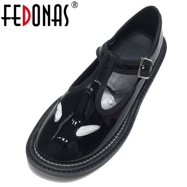 

fedonas 2019 new brand design round toe shallow buakle women flats comfortable patent leather spring summer single shoes woman, Black