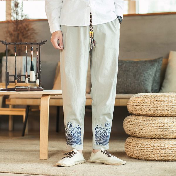 

mens designer autumn chinese style embroidered long casual pants loose large size clothing, Black