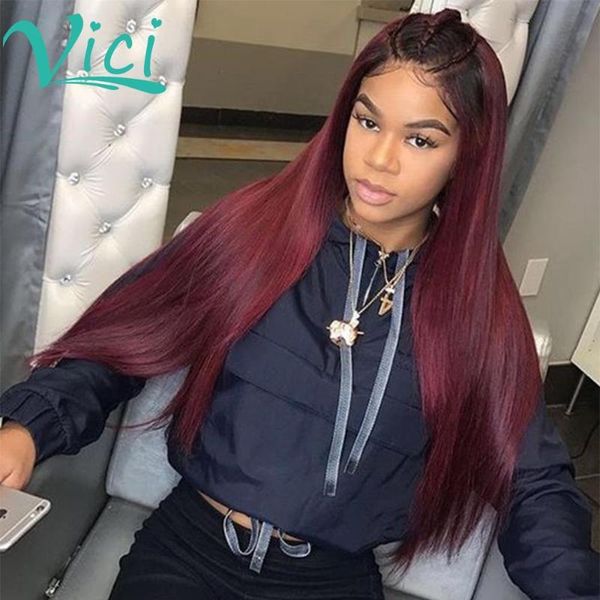 

lace wigs 1b/99j burgundy frontal wig straight front colored human hair pre plucked with baby 150% glueless, Black;brown