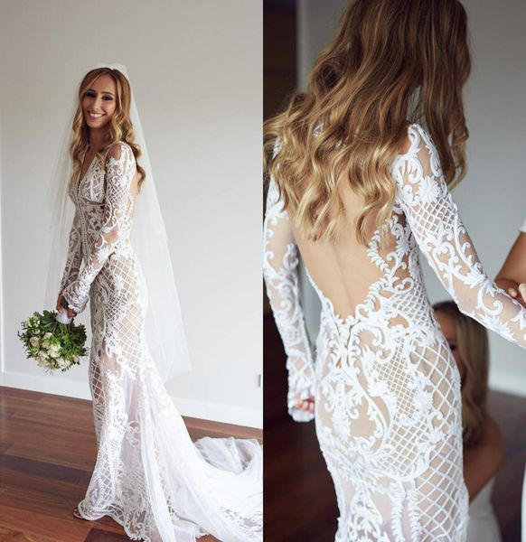

modest bohemian mermaid wedding dresses v neck long sleeve tulle lace applique ruched wedding gown sweep train robe de mariÃ©e, White