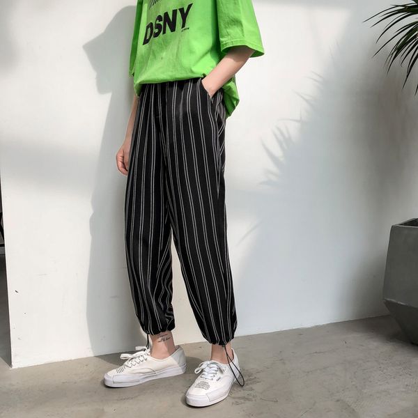 

2019 men's korean style fashion trousers active elastic hip hop loose stripe printing cotton casual pants joggers sweatpants, Black
