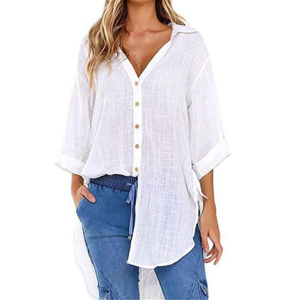 

new women shirts casual long sleeve turn down collar irregular hem belt button loose shirt casual t shirt women clothing, White
