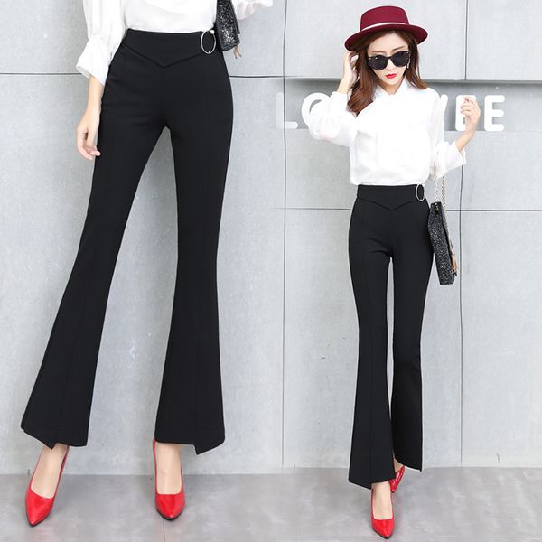 

2019 winter new korean version of the high waist was thin micro-flared pants nine points pants fishtail trousers women, Black;white