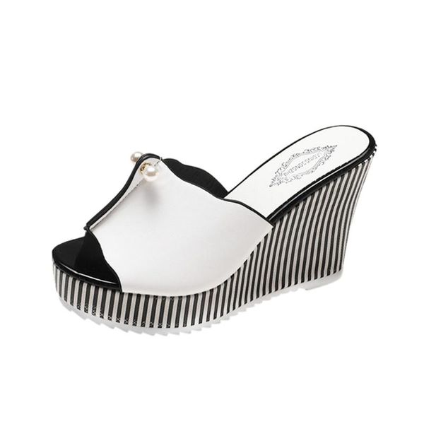 

jaycosin slippers stripe wedge female shoes women stripe pearl platform sandals women slippers summer outdoor beach sandals, Black