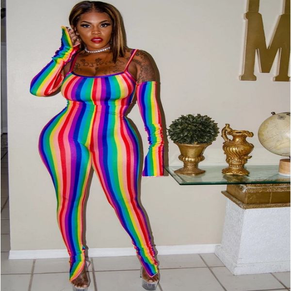 

multicolor striped printed jumpsuits and rompers for women off shoulder rainbow bandage bodycon bodysuit long pants leotard, Black;white