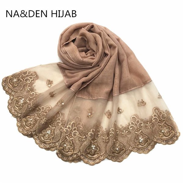 

1pc new women scarves fashion shawl lace sides with pearls viscose solid plain scarf muslim head scarf/hijab 10pcs fast shipping, Blue;gray