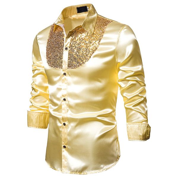 

men's luxury sequin dress shirts long sleeve silk satin shiny disco party shirt men chemise stage dance nightclub prom costume, White;black