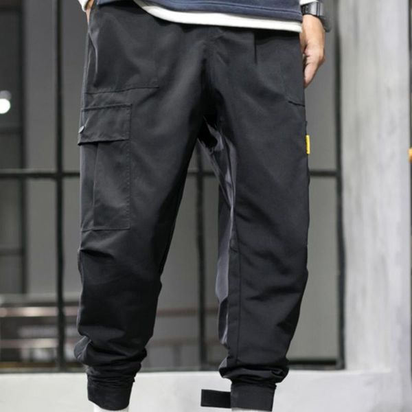 

men's cargo pants autumn and spring fashion casual big pockets cropped overalls loose lace up male sweatpants, Black