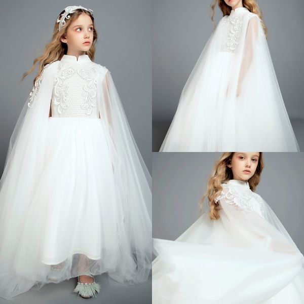 2019 New White Vestidos menina com Wraps gola alta Meninas Pageant Vestidos Little Kids Formal vestido de noiva aniversário