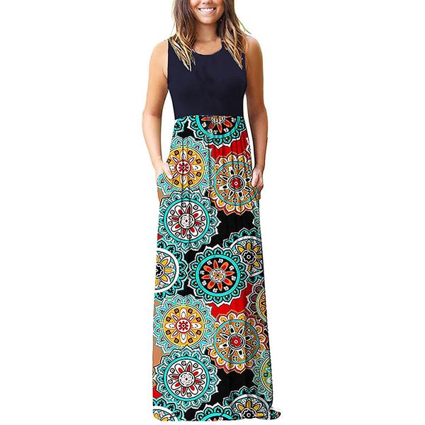 

women summer maxi dress o neck sleeveless print pockets party loose long dresses casual summer dress 2019 vestidos de verano, Black;gray