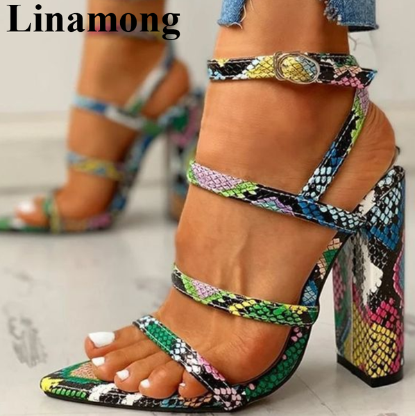 

2020 summer women sandals est snakeskin pattern square high heel and open toe fashion buckle strap women shoes sandals, Black