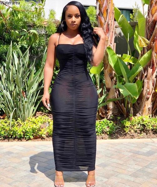 

women summer 2020 stacked bodycon maxi dress night club party sleeveless spaghetti strap draped ruched long dresses, Black;gray