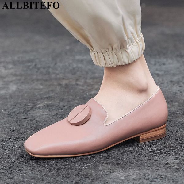 

allbitefo natural genuine leather women heels square toe low heel shoes spring fashion casual soft high heels, Black
