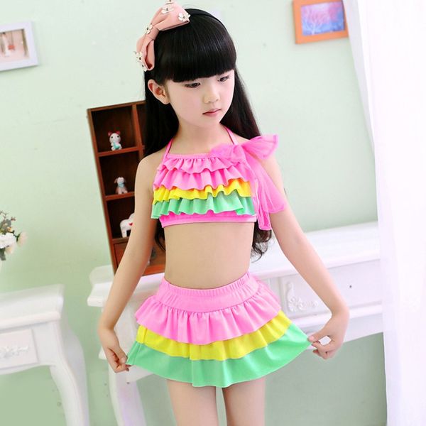 

2018 new two piece swimwear baby girls children pleated bow bandage bikini swimsuit girls bathing suit biquini beachwear ju1