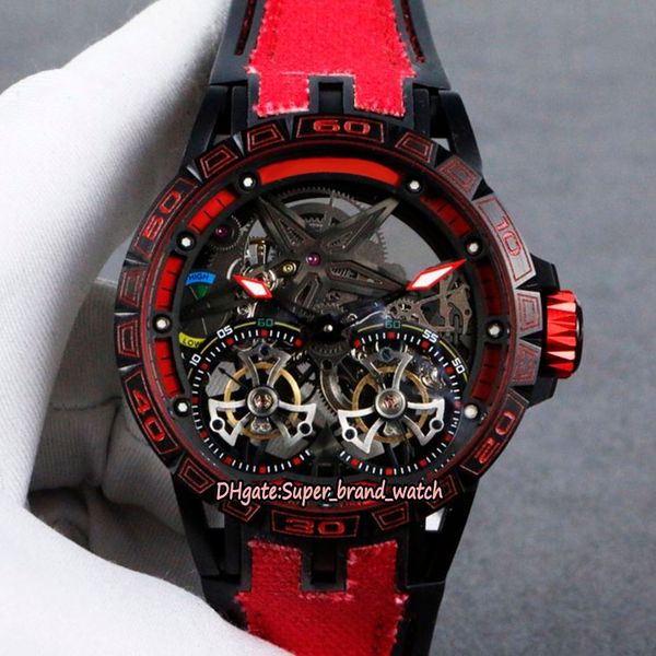 

excalibur 46mm rddbex0481 dlc coated titanium alloy case skeleton dial double tourbillon automatic mens watch designer watches, Slivery;brown