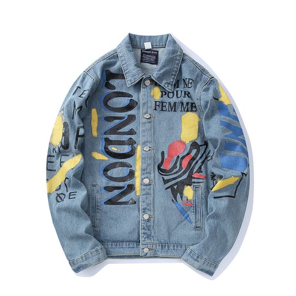 

graffiti letter print jeans jackets and coats mens lapel long sleeve jaqueta masculino bomber jacket streetwear denim coat, Black;brown