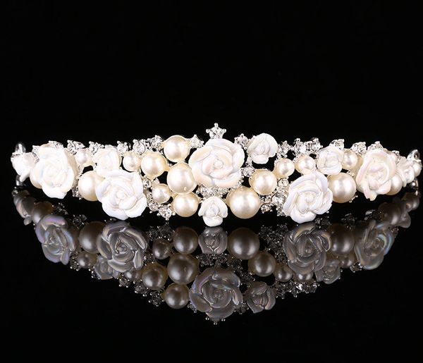 

luxury girls pearls rhinestones crown pearl rose crystal tiaras crowns bridal jewelry wedding accessory kids princess headbands a1663, Slivery;white