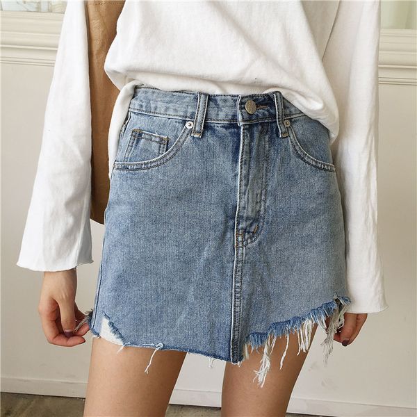 

jeans skirts womens 2020 korean style casual vintage ripped tassel slim high waist pencil skirt blue denim skirts saia jeans, Black
