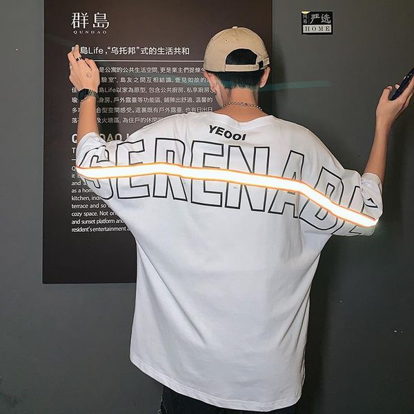 

hip hop t-shirt men cotton reflective strip letter print o neck half sleeve tees summer streetwear mens, White;black
