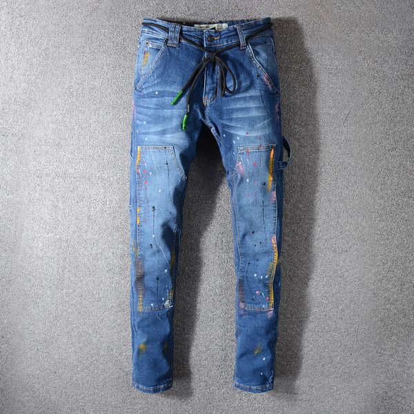 

2020 mens distressed ripped biker jeans slim fit motorcycle biker denim for men fashion designer mens jeans good quality size 28-40, Blue