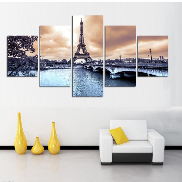 

5 pieces wall art paris tower posters and prints paintings on canvas bridge water landscape painting for home decor xa2207b